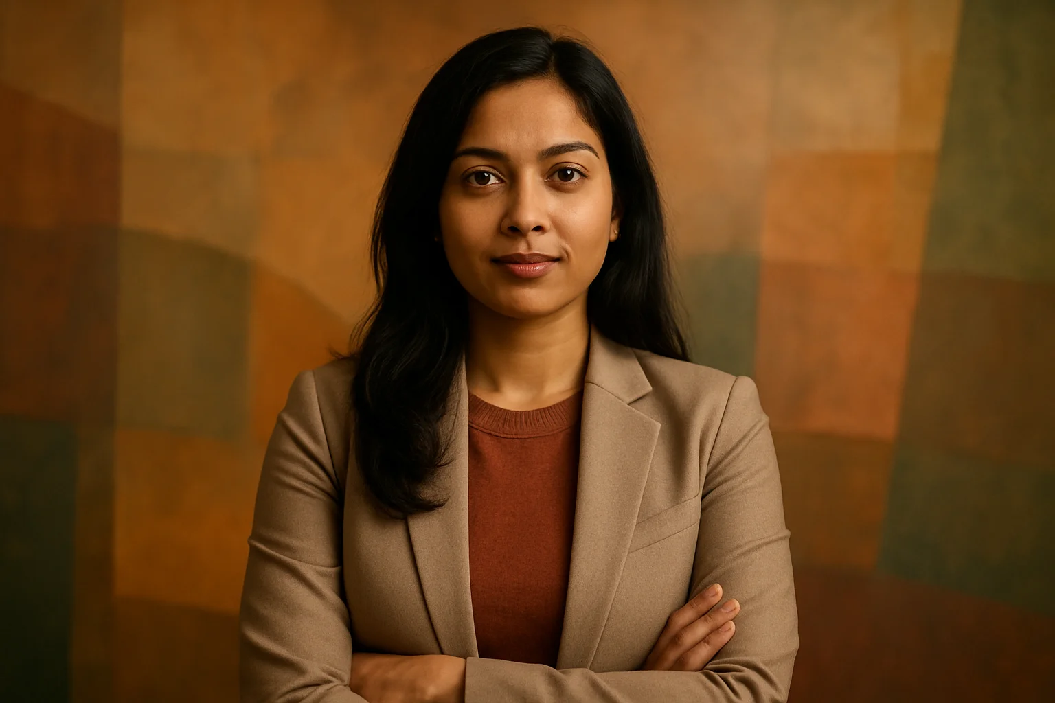High-resolution portrait of confident Bangladeshi woman in smart casual on abstract settings-themed background