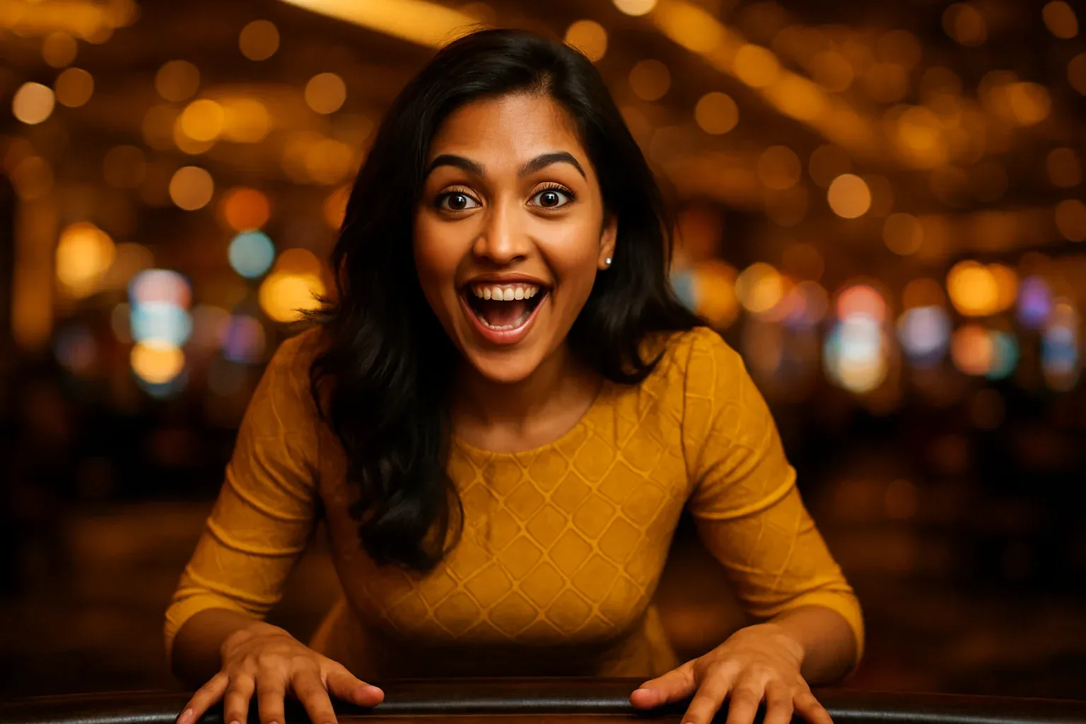 High-resolution portrait of excited Bangladeshi woman on blurred casino floor background