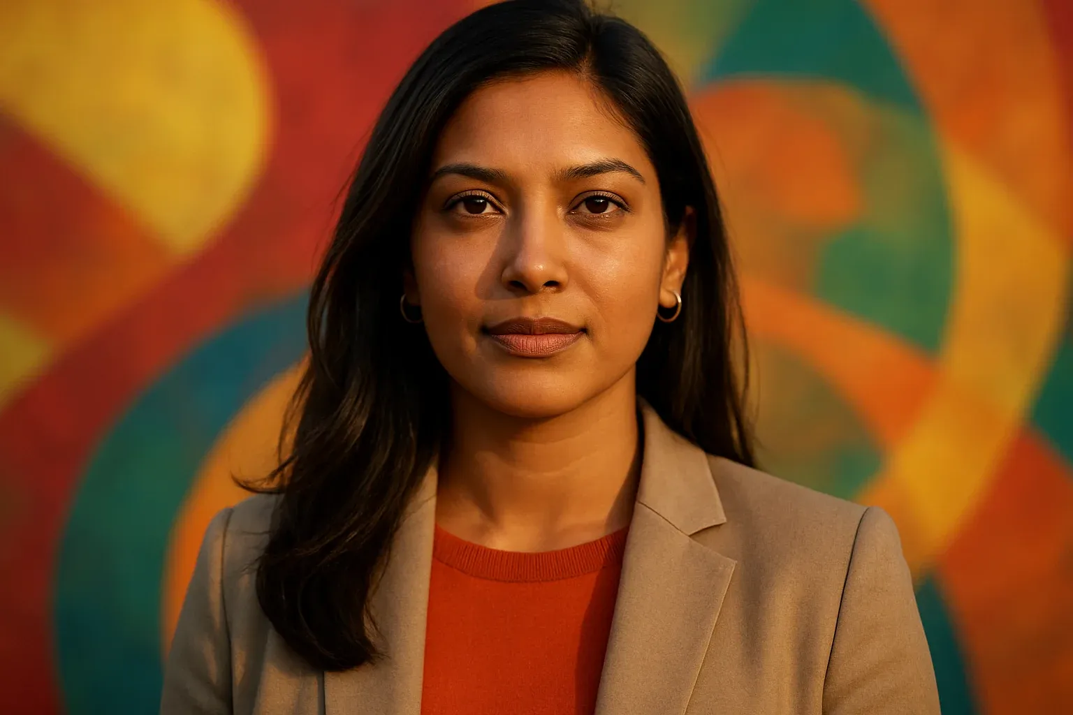 High-resolution portrait of confident Bangladeshi woman with multi-sport themed colors