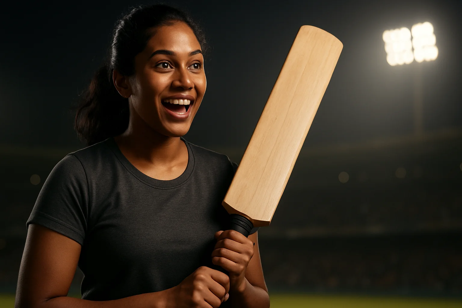 Excited Bangladeshi woman holding cricket bat in blurred stadium background