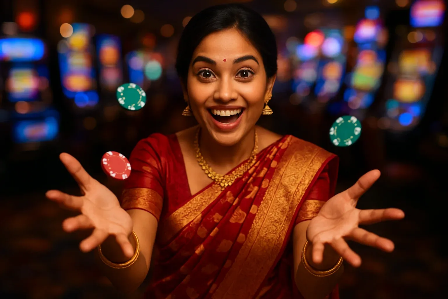 Excited Bangladeshi woman in elegant saree catching falling casino chips