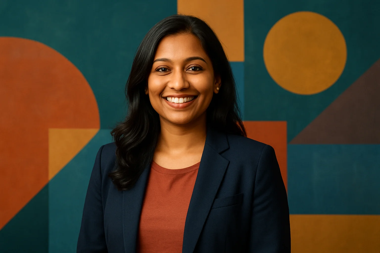 High-resolution portrait of smiling Bangladeshi woman in smart casual outfit