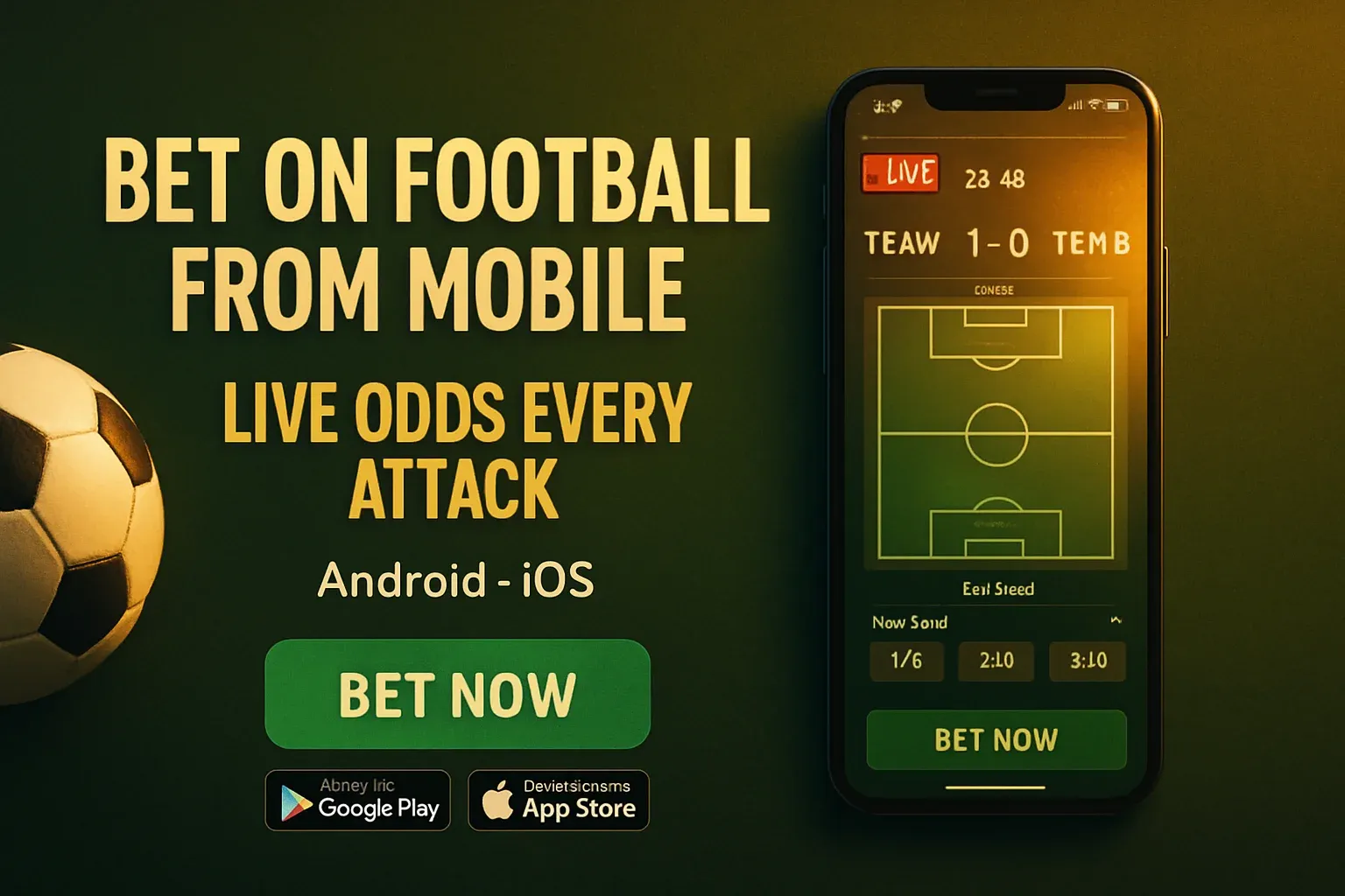 English soccer betting banner with smartphone live odds dashboard and CTA
