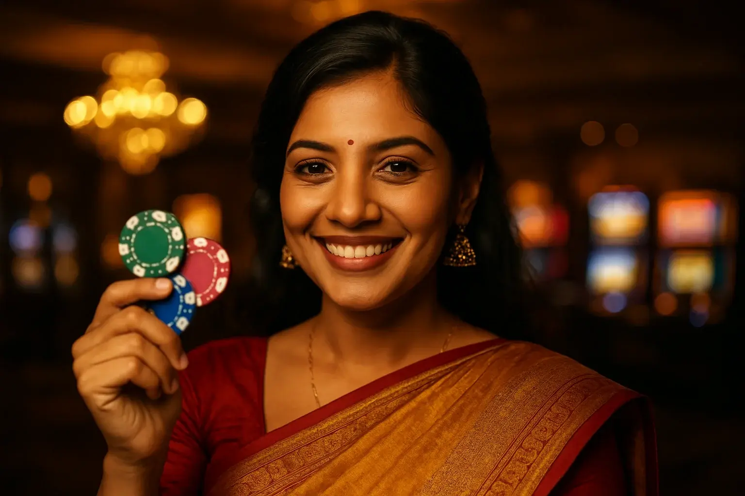 Confident Bangladeshi woman in saree holding casino chips in VIP casino