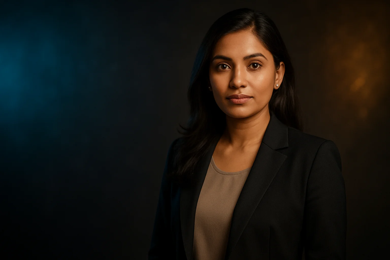 High-resolution portrait of confident Bangladeshi woman on dark abstract background