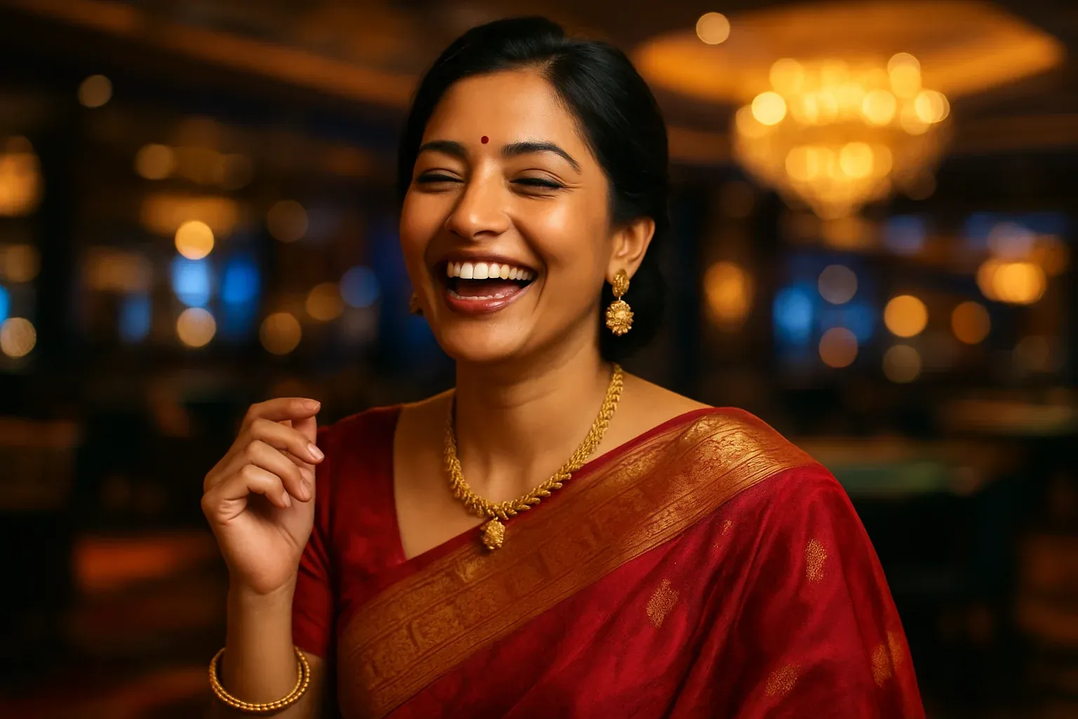 Sophisticated Bangladeshi woman in elegant saree laughing in VIP casino lounge
