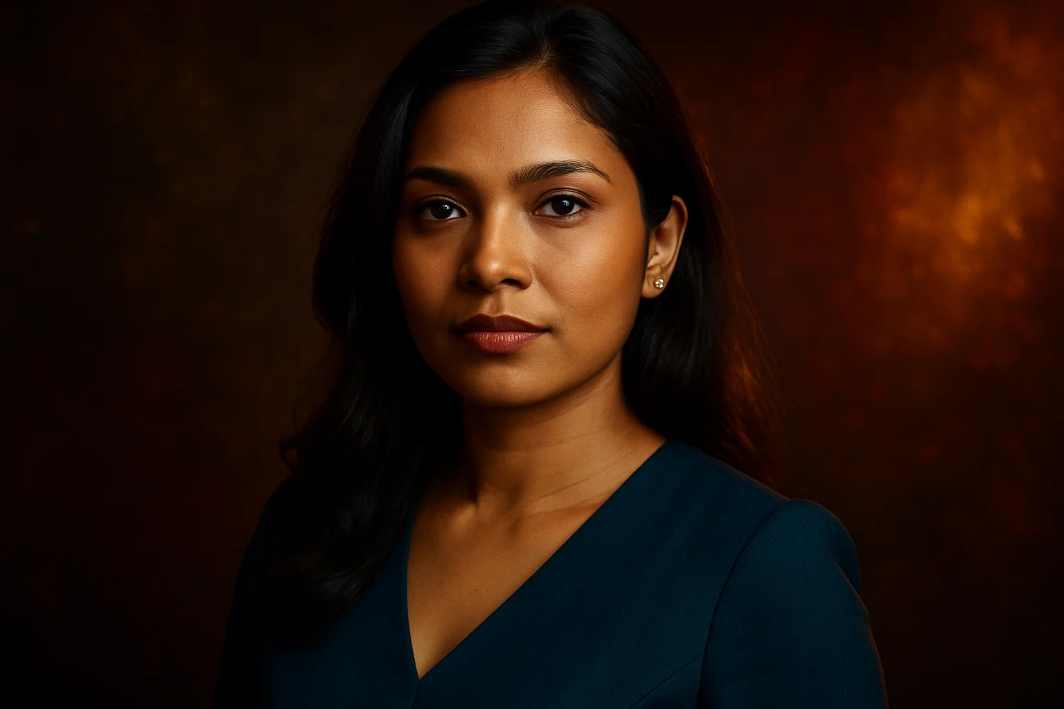 High-resolution portrait of confident Bangladeshi woman with gold and red lighting