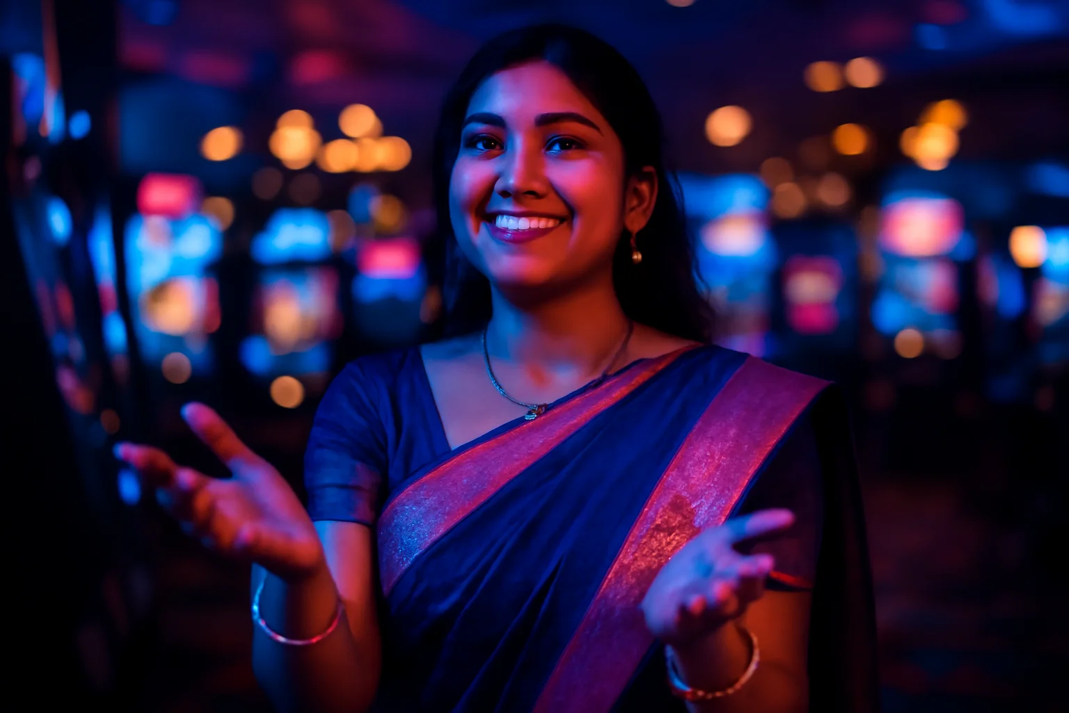 Happy Bangladeshi woman in elegant saree catching imaginary coins in casino