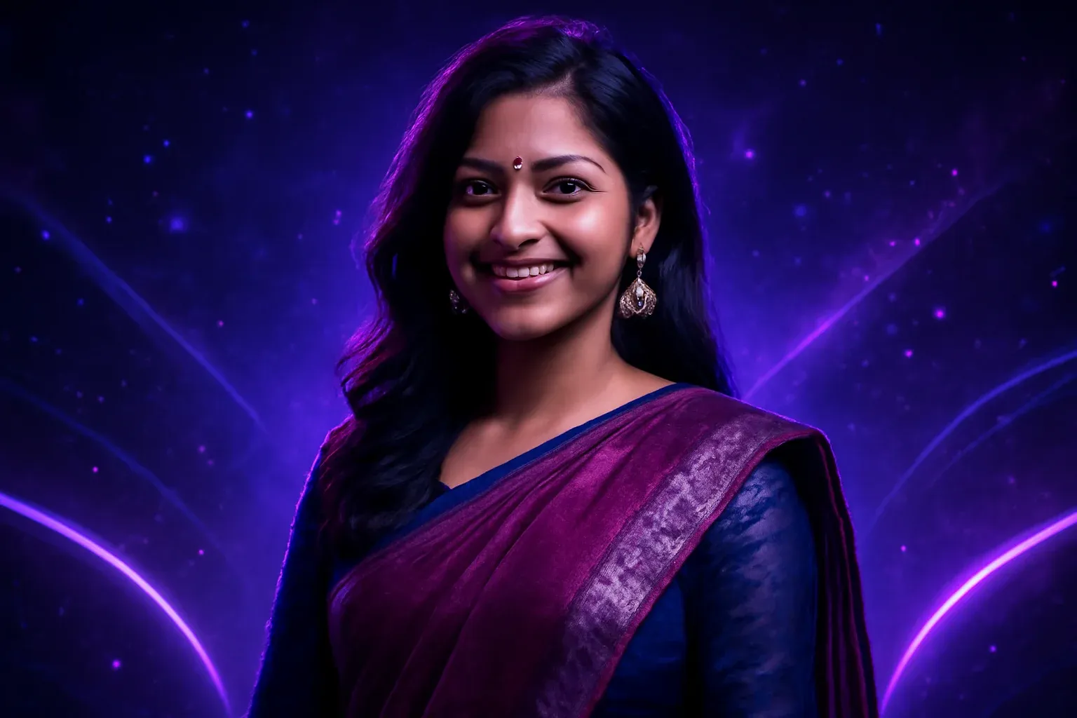 Happy Bangladeshi woman portrait in modern traditional wear on purple silver sci-fi background
